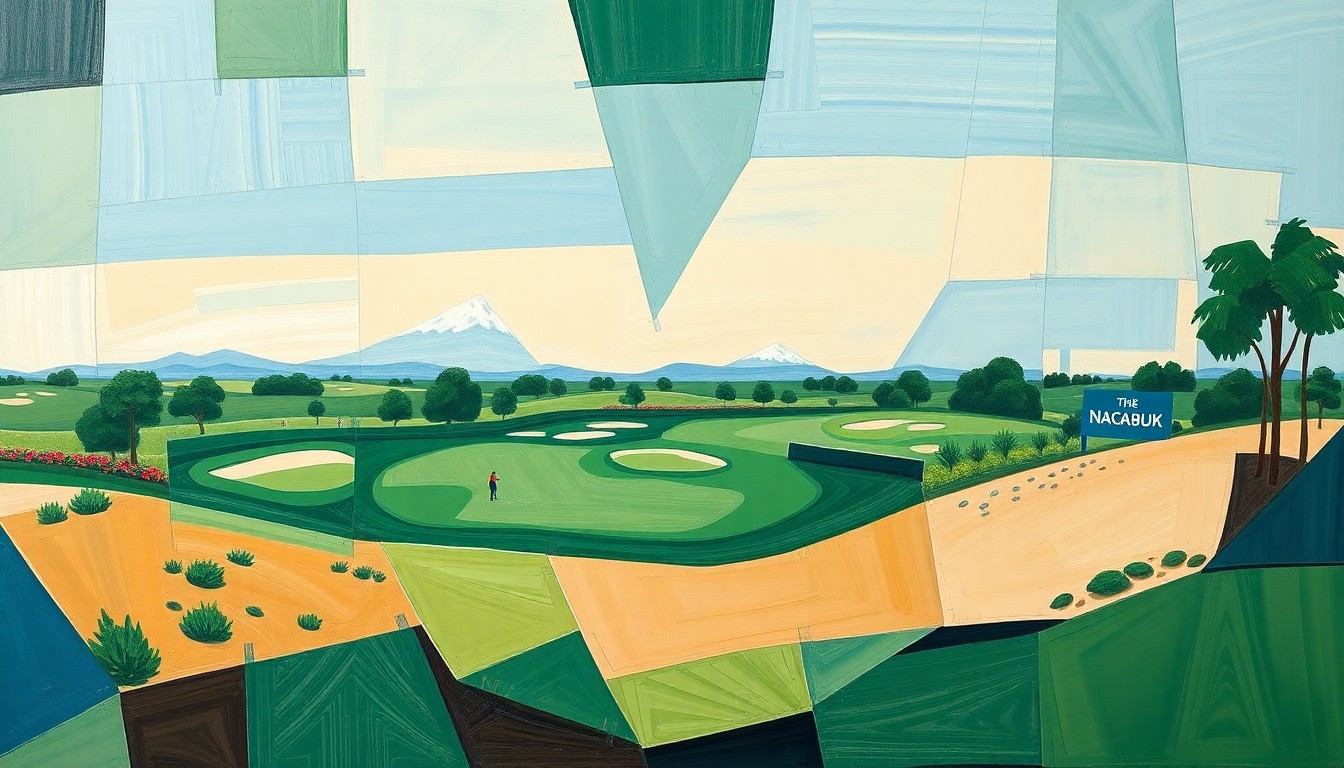 A cubist, geometric painting depicting a fragmented, multi-angled view of a women's golf tournament, with overlapping planes of green fairways, blue skies, and sandy bunkers.