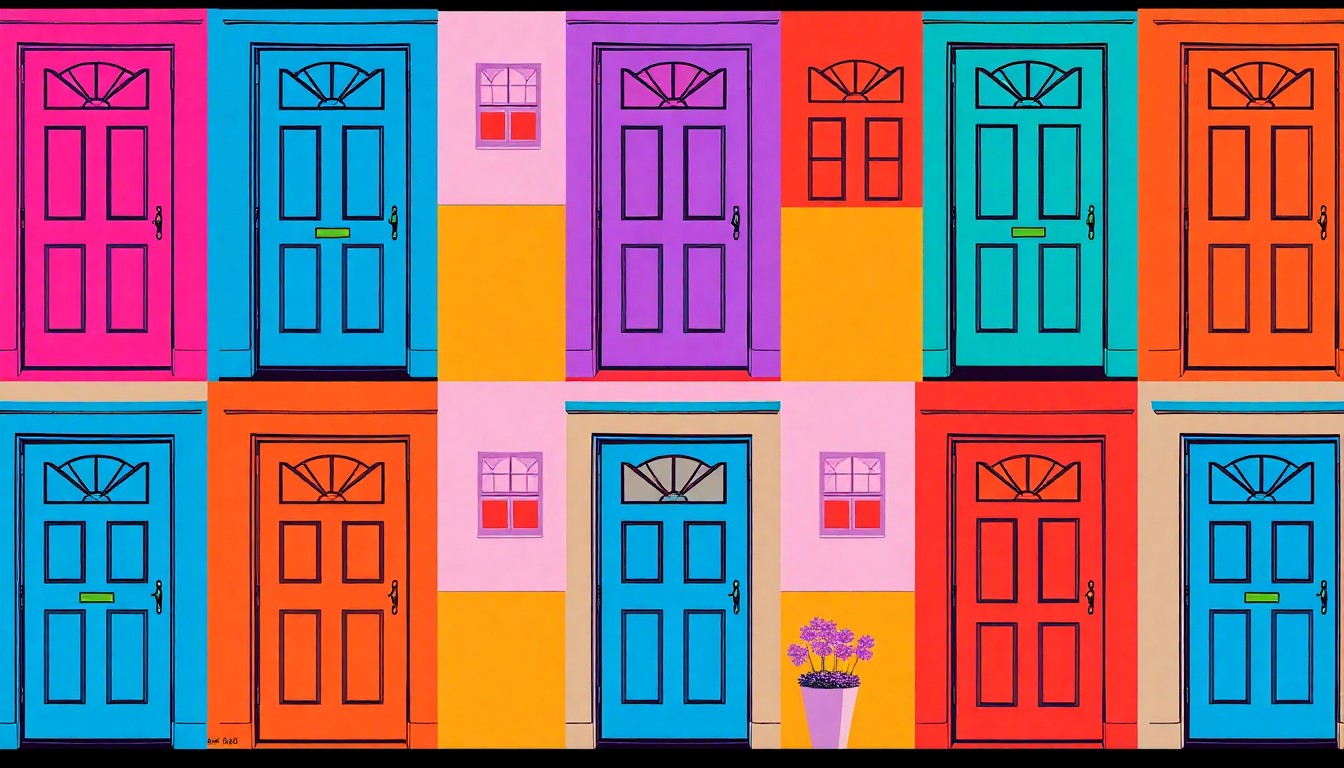 A high-contrast, silkscreen-style illustration featuring a repeated pattern of a single, iconic home exterior element like a front door or window, rendered in a bold, neon color palette to capture the energy and character of this desirable Indianapolis neighborhood.