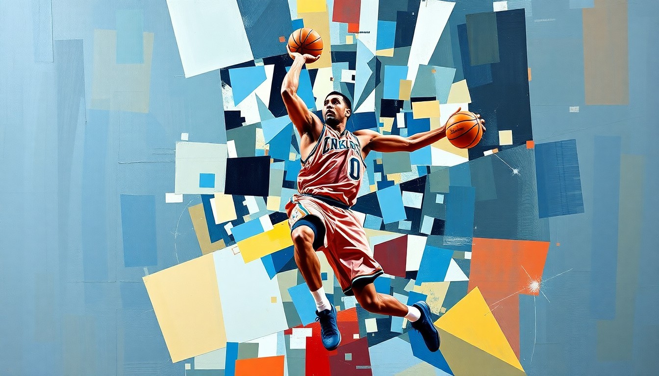 A cubist, geometric illustration depicting the dynamic movements and energy of a basketball player in action, with sharp, overlapping planes of color and form.