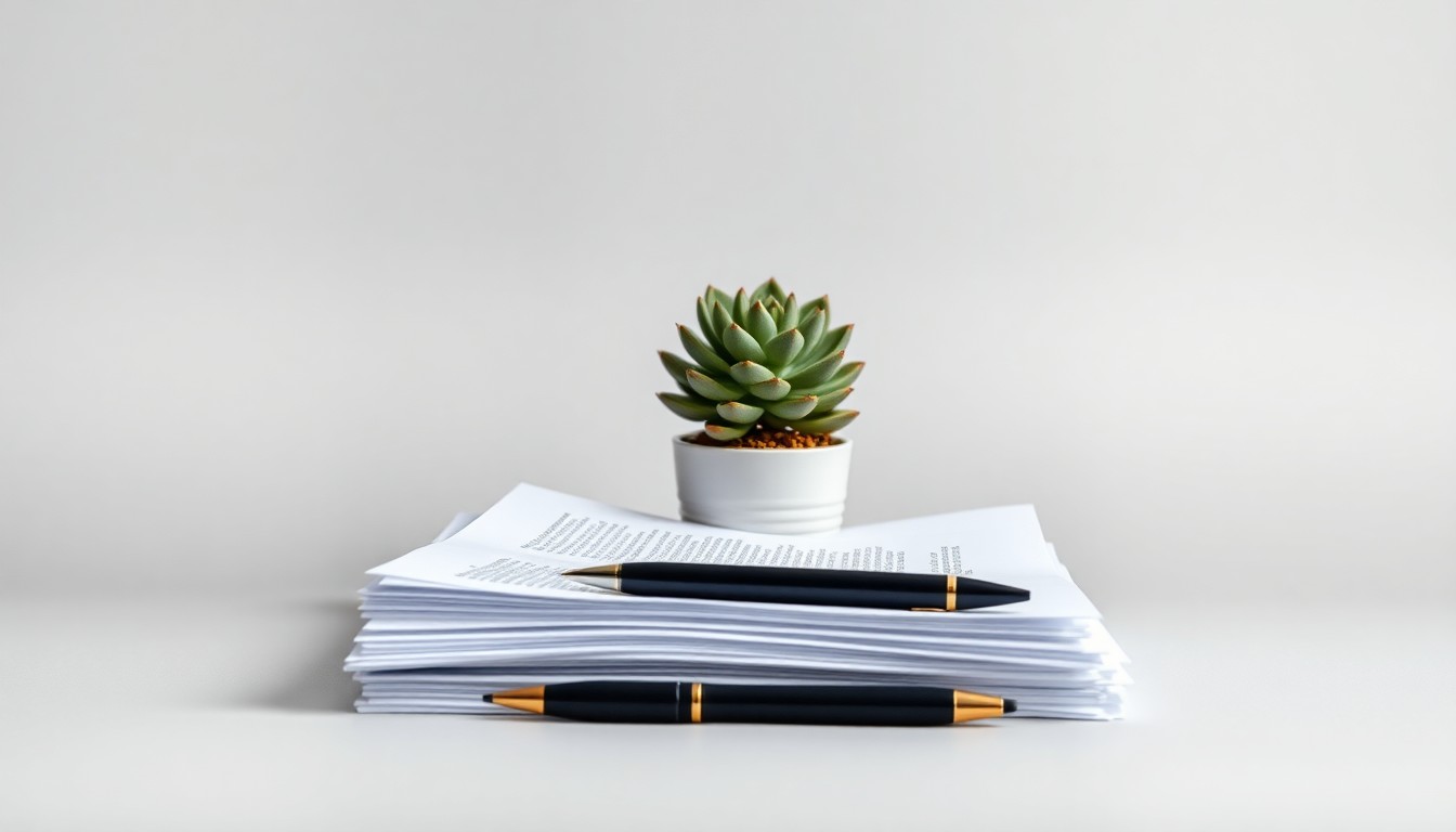 A minimalist studio still life photograph featuring a stack of business documents, a pen, and a potted succulent plant against a clean, monochromatic grey background, symbolizing the growth and success of small businesses in Southern Utah.