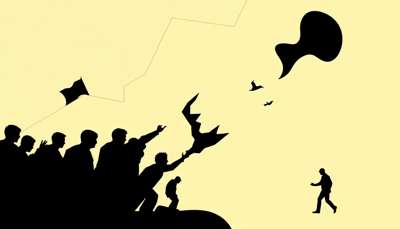 An abstract composition of sharp, angular black silhouettes and geometric shapes, conceptually representing the tension between creative freedom and corporate consolidation in the entertainment industry.