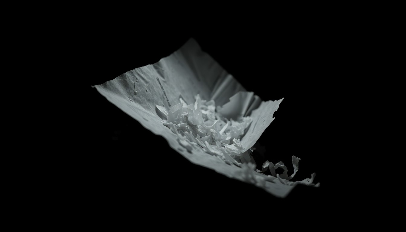 An extreme close-up photograph of a shredded document or computer hardware component, lit by a harsh, direct camera flash against a pitch-black background, conceptually illustrating the gritty aftermath of a data breach.