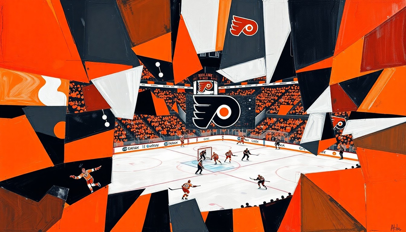 A cubist, geometric painting depicting a Flyers hockey game, with sharp, overlapping planes of orange, black, and white representing the team's colors and the fractured, multi-perspective nature of the sport.
