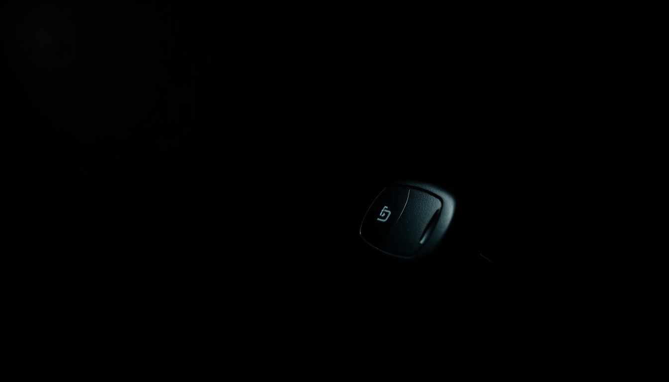An extreme close-up of a car key or ignition switch, dramatically lit by a harsh flash against a dark background, conceptually representing the investigation into a recent car theft incident.