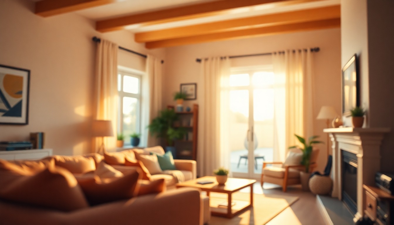 An extremely abstracted, out-of-focus photograph shot through condensation or rain-streaked glass, composed of soft pools of warm color and light representing the cozy, inviting atmosphere of a modern suburban home interior.