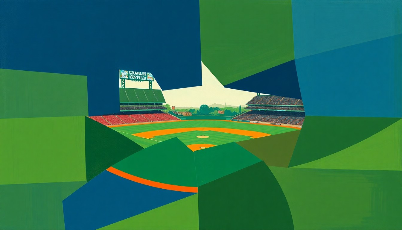 A fragmented, geometric painting depicting the dynamic motion and competition of a college baseball game, with sharp planes of navy, green, and orange intersecting to create an abstract, multi-angled perspective.