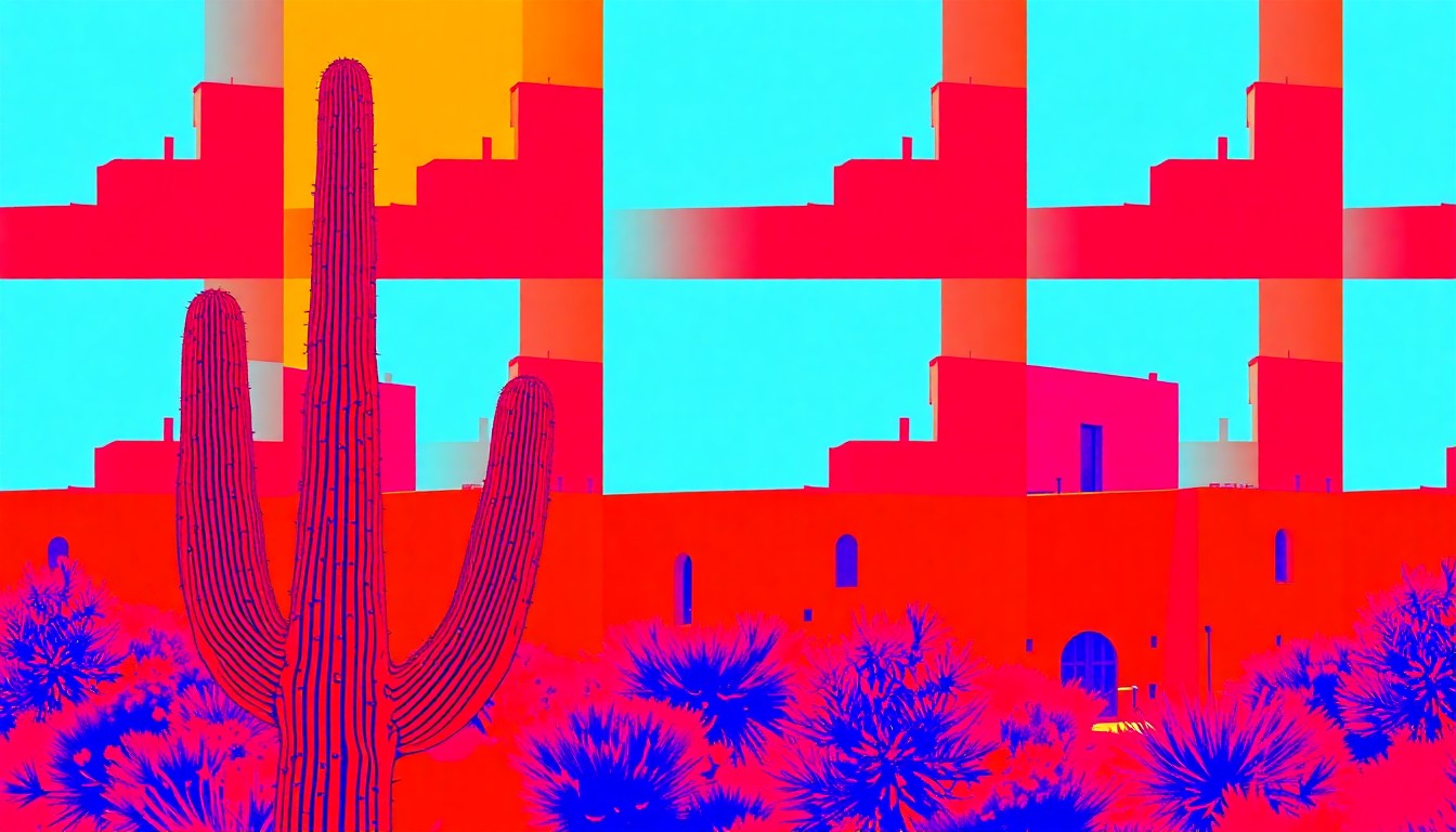 A brightly colored, high-contrast silkscreen print of a single Santa Fe desert cactus repeated in a tight grid pattern, conceptually representing the unique visual identity of the Las Campanas luxury community.
