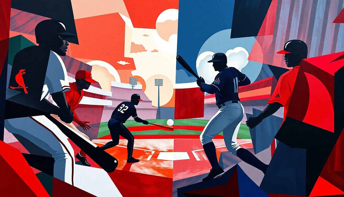 A cubist-style painting depicting the silhouettes of baseball players in action, with the ball, bats, and field deconstructed into sharp, overlapping geometric shapes and planes in the team colors of the Cardinals and Guardians.