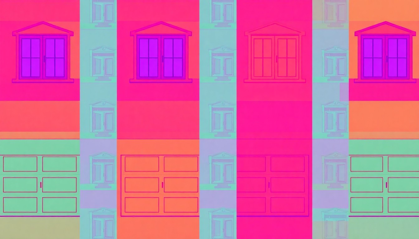 A high-contrast, silkscreen-style illustration of a repeating pattern of a single architectural element from the home's exterior, such as the garage door or front entrance, rendered in vibrant neon colors with heavy black outlines to create a bold, pop art effect.