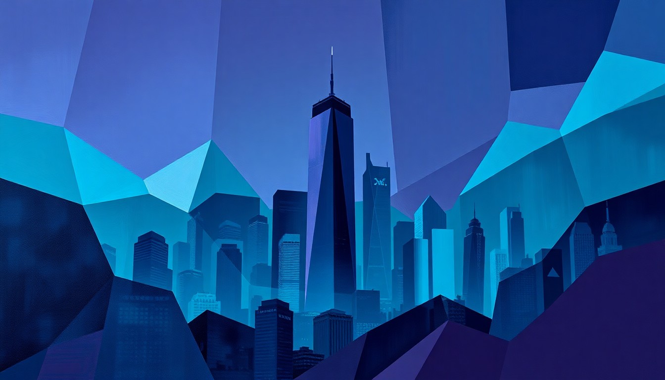 A dynamic, abstract painting depicting a city skyline with a prominent data center tower at the center, repeated in overlapping, geometric waves of dark blue, teal, and violet, conveying the sense of political and civic tension surrounding the data center project.