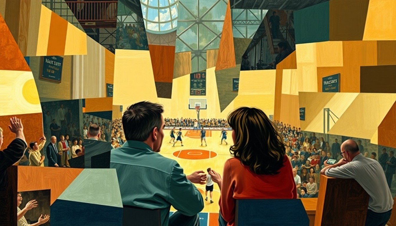 A fragmented, geometric painting depicting the basketball game and the animated conversation between the couple, with sharp, overlapping planes of color and form.