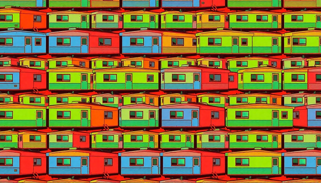 A brightly colored, high-contrast silkscreen print of a single, iconic mobile home unit repeated in a tight grid pattern, utilizing flat, vibrant, and unnatural neon color palettes overlapping with heavy black photographic outlines to turn everyday housing into modern pop art.