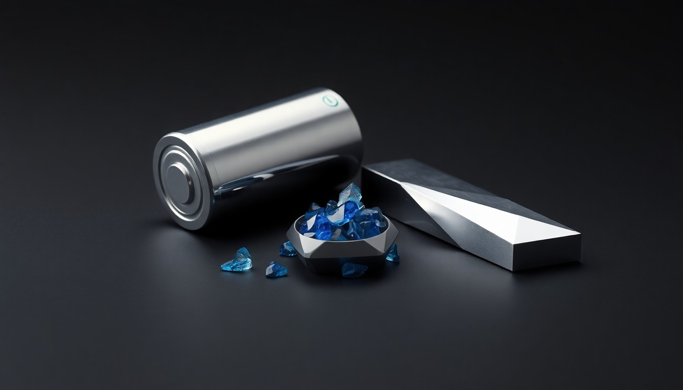 A high-end, photorealistic studio still-life photograph featuring a polished metal lithium-ion battery cell, a handful of cobalt-colored crystals, and a sleek, geometric nickel-plated object, conceptually representing the materials and processes involved in battery recycling.