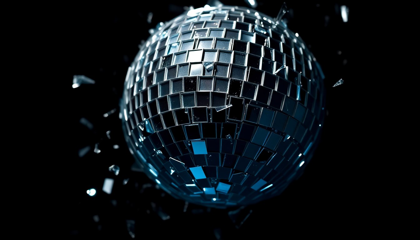 An extreme close-up photograph of shattered, glittering disco ball glass, capturing the luxurious, high-fashion aesthetic of the music industry's legacy brand management.