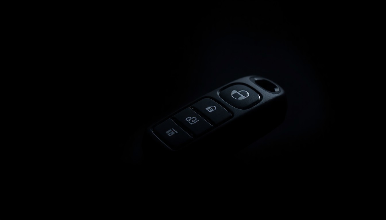 An extreme close-up photograph of a car key fob against a pitch-black background, dramatically lit by a harsh camera flash to create a stark, gritty, investigative aesthetic.