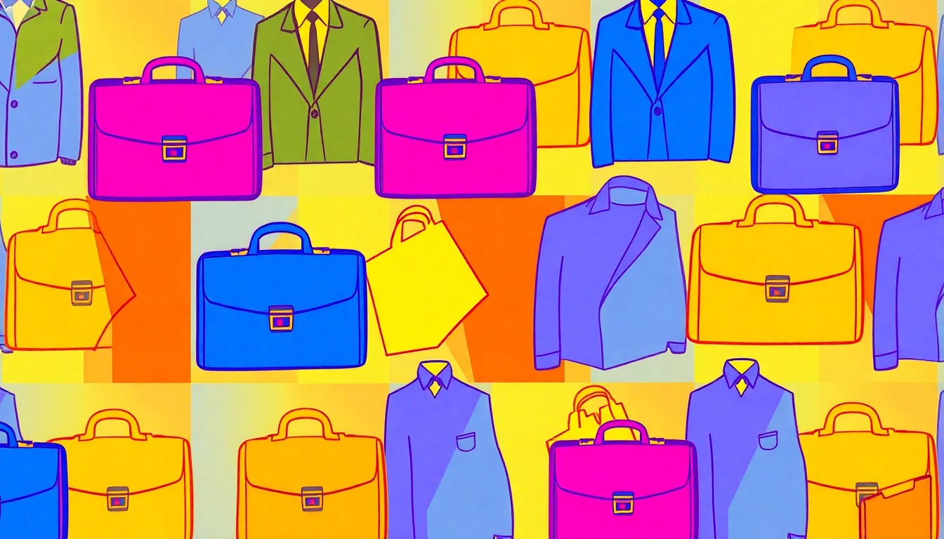 A brightly colored, high-contrast silkscreen print of a briefcase repeated in a tight grid pattern, using flat, vibrant neon colors and heavy black outlines to turn an everyday employment object into modern pop art.