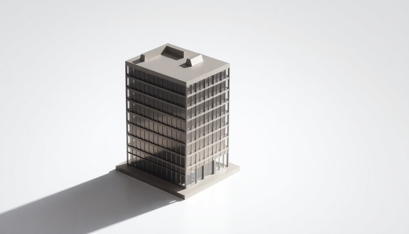 A sleek, minimalist studio photograph of a brushed metal and glass model of a modern office building, floating elegantly on a clean white background and dramatically lit from the side to cast long shadows, symbolizing the financial and logistical challenges of operating a major business in California.