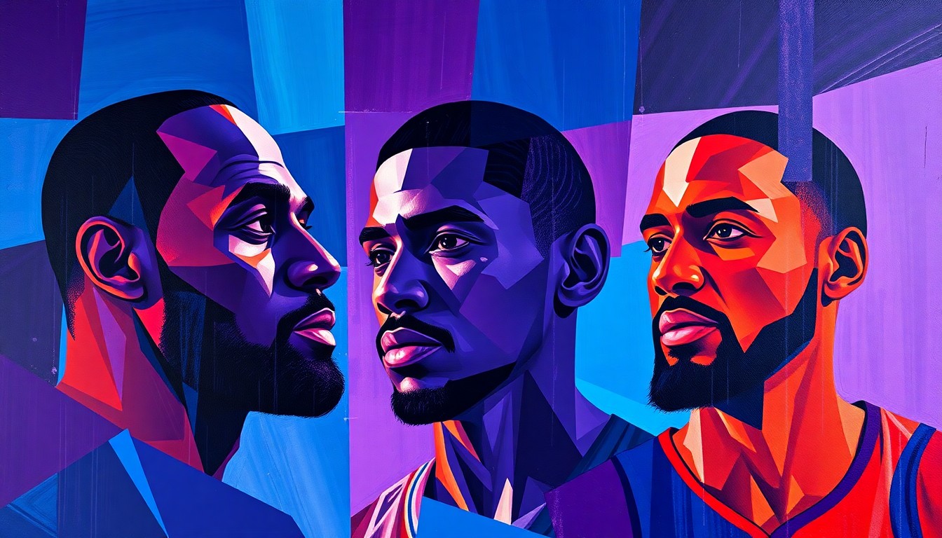 A fragmented, cubist-style painting depicting the silhouettes of three basketball players in dynamic, overlapping geometric shapes and bold colors, representing the uncertainty surrounding the futures of LeBron James, Kawhi Leonard, and Giannis Antetokounmpo.