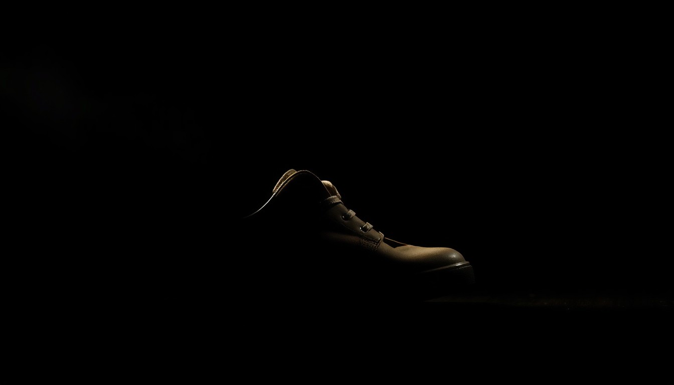 An extreme close-up photograph of a child's shoe, the harsh flash illuminating the worn fabric and scuffed sole, conveying a sense of loss and the gravity of the missing child case.