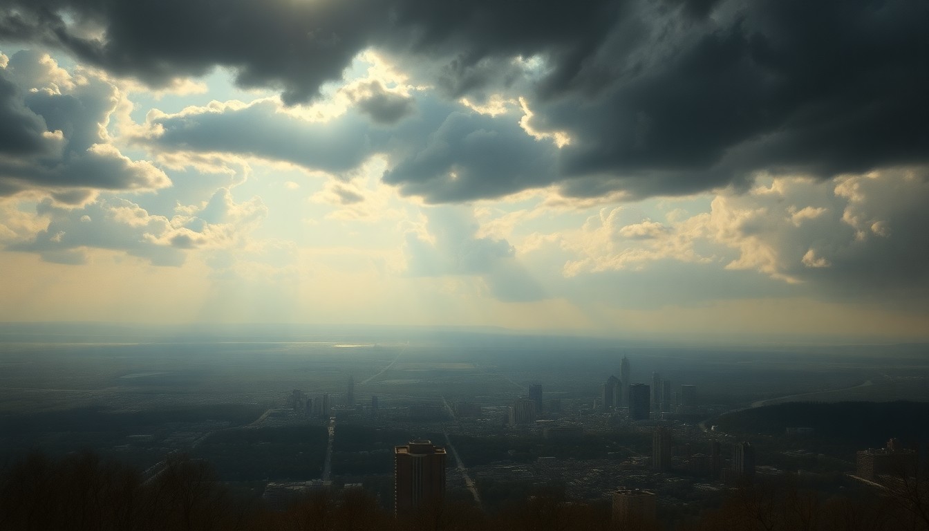 A vast, majestic landscape painting in the style of Caspar David Friedrich, depicting a hazy, sun-drenched cityscape of Philadelphia in the distance, with a dramatic, turbulent sky overhead. The scene conveys the overwhelming, sublime scale of the natural world and the power of the elements, with the city dwarfed by the sweeping, atmospheric perspective.