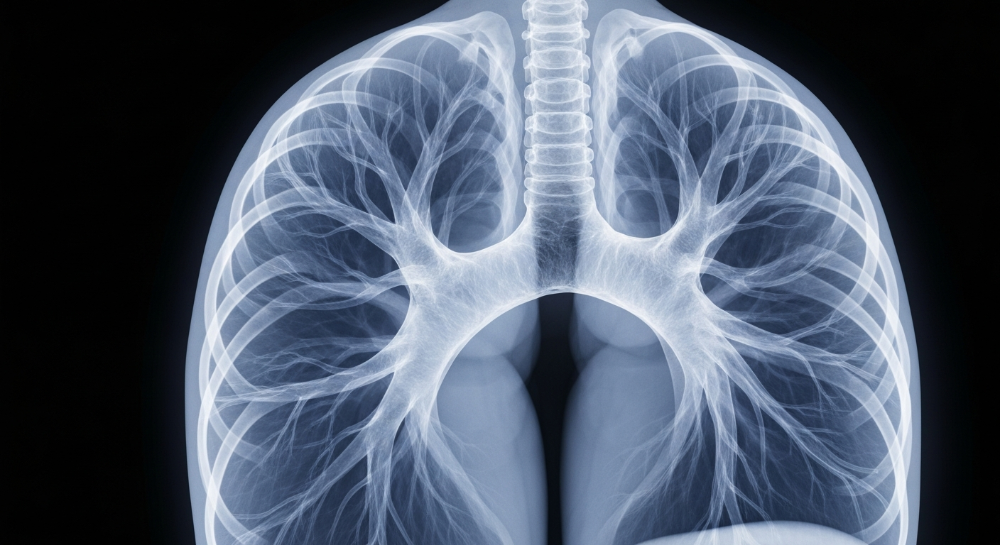 A translucent, ghostly X-ray photograph showing the internal structures of a human lung, with glowing veins and airways, conceptually illustrating the impact of chronic pain and smoking on respiratory health.