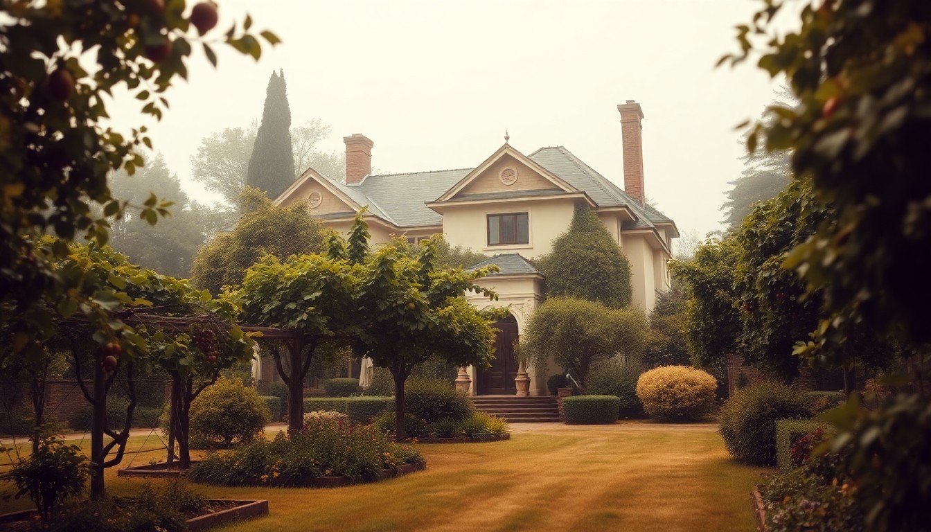 An extremely abstracted, out-of-focus photograph in warm, earthy tones depicting the exterior of a traditional-style home surrounded by a lush, overgrown garden with mature fruit trees, grapevines, and blackberry bushes, conveying a sense of timeless, sophisticated living in a peaceful, natural setting.