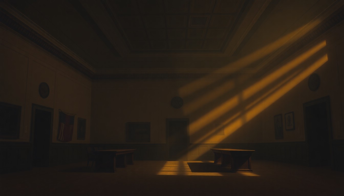 A quiet, cinematic painting of an empty government office space, with warm sunlight streaming through the windows and deep shadows casting across the desks and chairs, creating a pensive, contemplative mood.