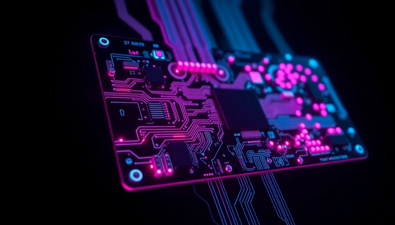A highly detailed, glowing 3D macro illustration of a futuristic circuit board with neon cyan and magenta lights pulsing through the intricate traces and components, suspended against a dark, shadowy background, conceptually representing the hidden digital infrastructure that powers modern software and technology.