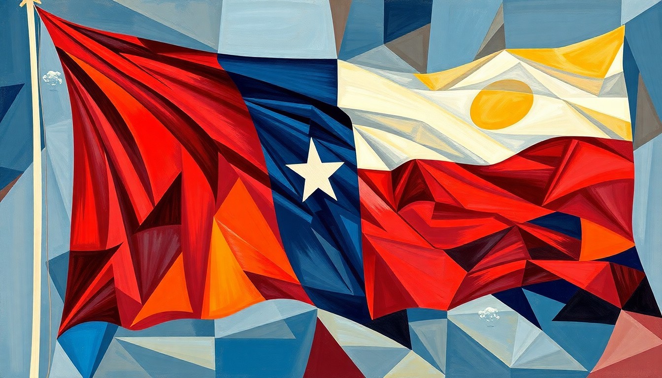 A dynamic, fragmented painting of the Texas state flag in bold, clashing colors, conveying a sense of political tension and cultural conflict.