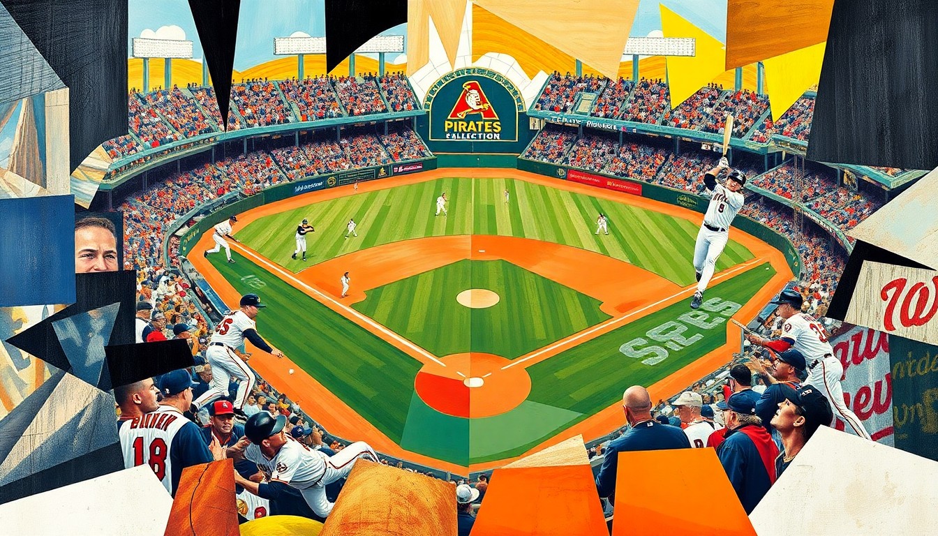 A dynamic, cubist-style painting depicting a baseball game between the Pittsburgh Pirates and Washington Nationals, with the players' movements and the field of play abstracted into sharp, overlapping geometric planes.