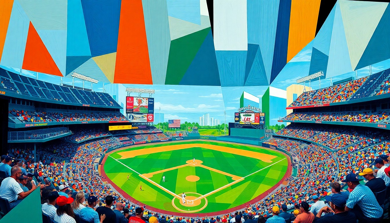 A fractured, multi-perspective painting in bold, geometric shapes and colors, representing the complexities of a college baseball game.