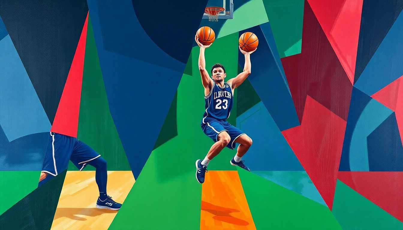 A fractured, geometric painting depicting a basketball player's movements and skills broken down into sharp, overlapping planes of color, conceptually representing the statistical dominance of Dallas Mavericks rookie Cooper Flagg.