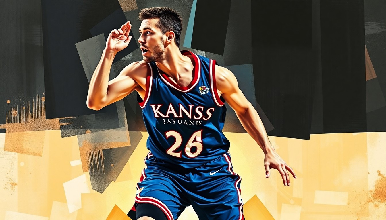 A cubist-style painting depicting a basketball player in motion, with their jersey featuring the Kansas Jayhawks logo, but their face and other details abstracted into geometric shapes and planes.