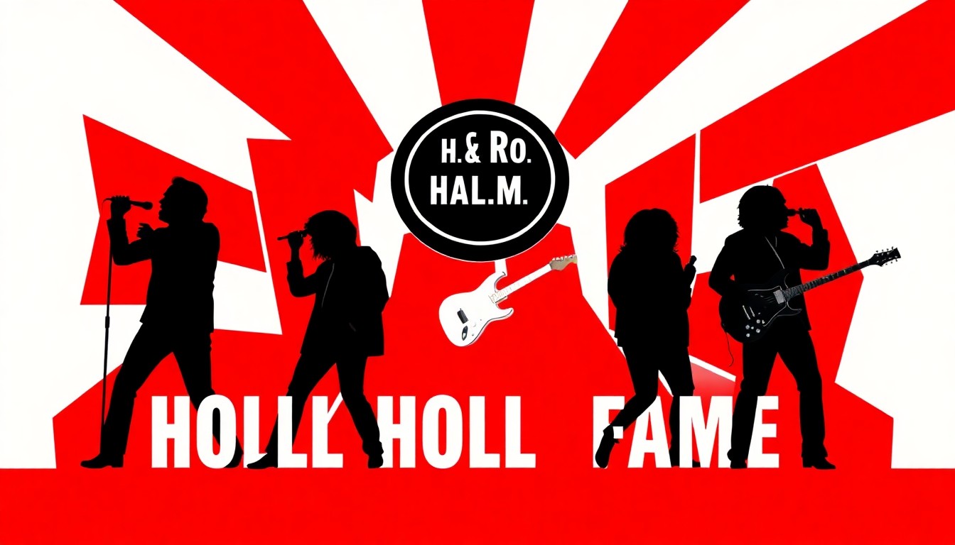A striking abstract composition of jagged geometric shapes and bold silhouettes in high-contrast red and black, conceptually representing the induction of legendary musicians into the Rock & Roll Hall of Fame.