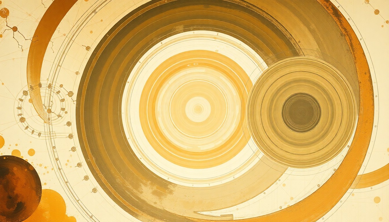 A highly structured abstract painting in muted earth tones, featuring sweeping geometric arcs, concentric circles, and precise botanical spirals, conceptually representing the complex chemical forces and molecular interactions that led to the sudden emergence of life-like structures in the primordial soup.