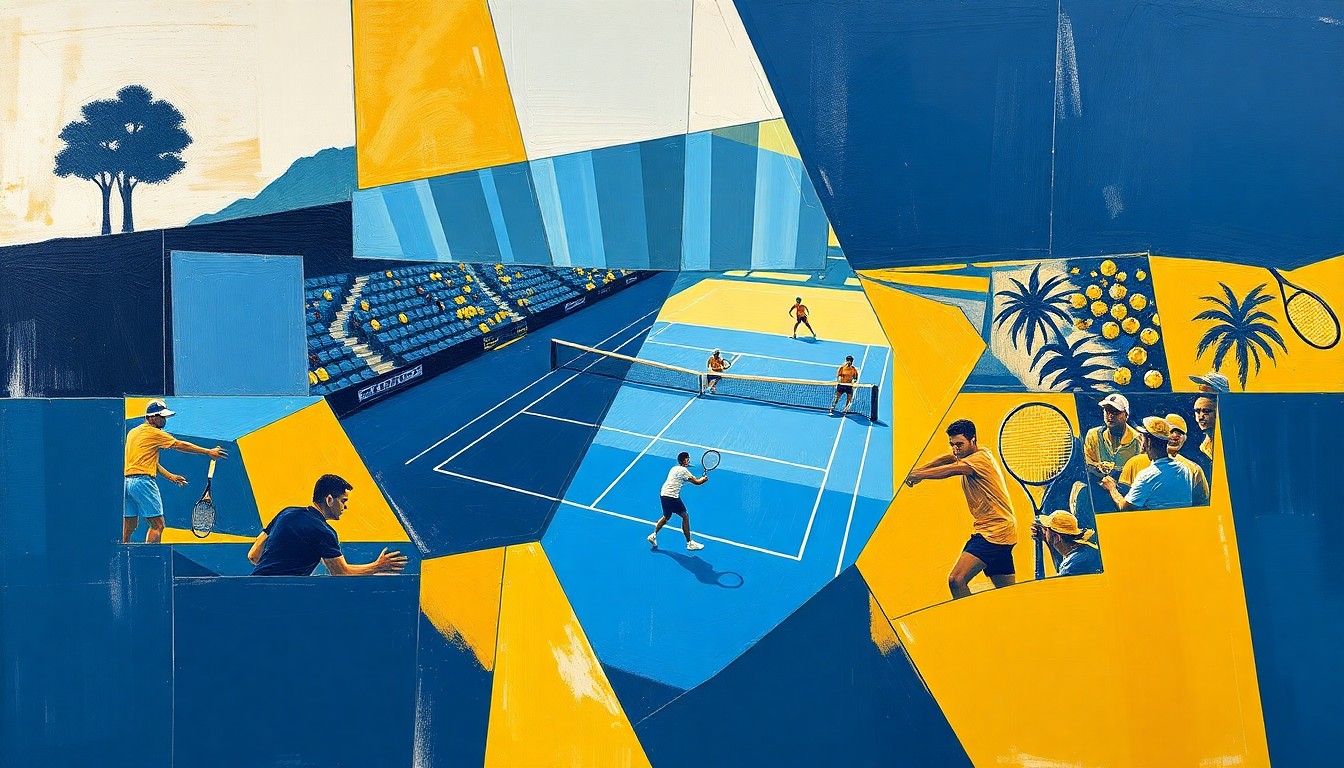 A cubist-style painting depicting a college tennis match, with the players and court broken down into sharp, overlapping geometric shapes in navy blue and gold, the official colors of Barry University.