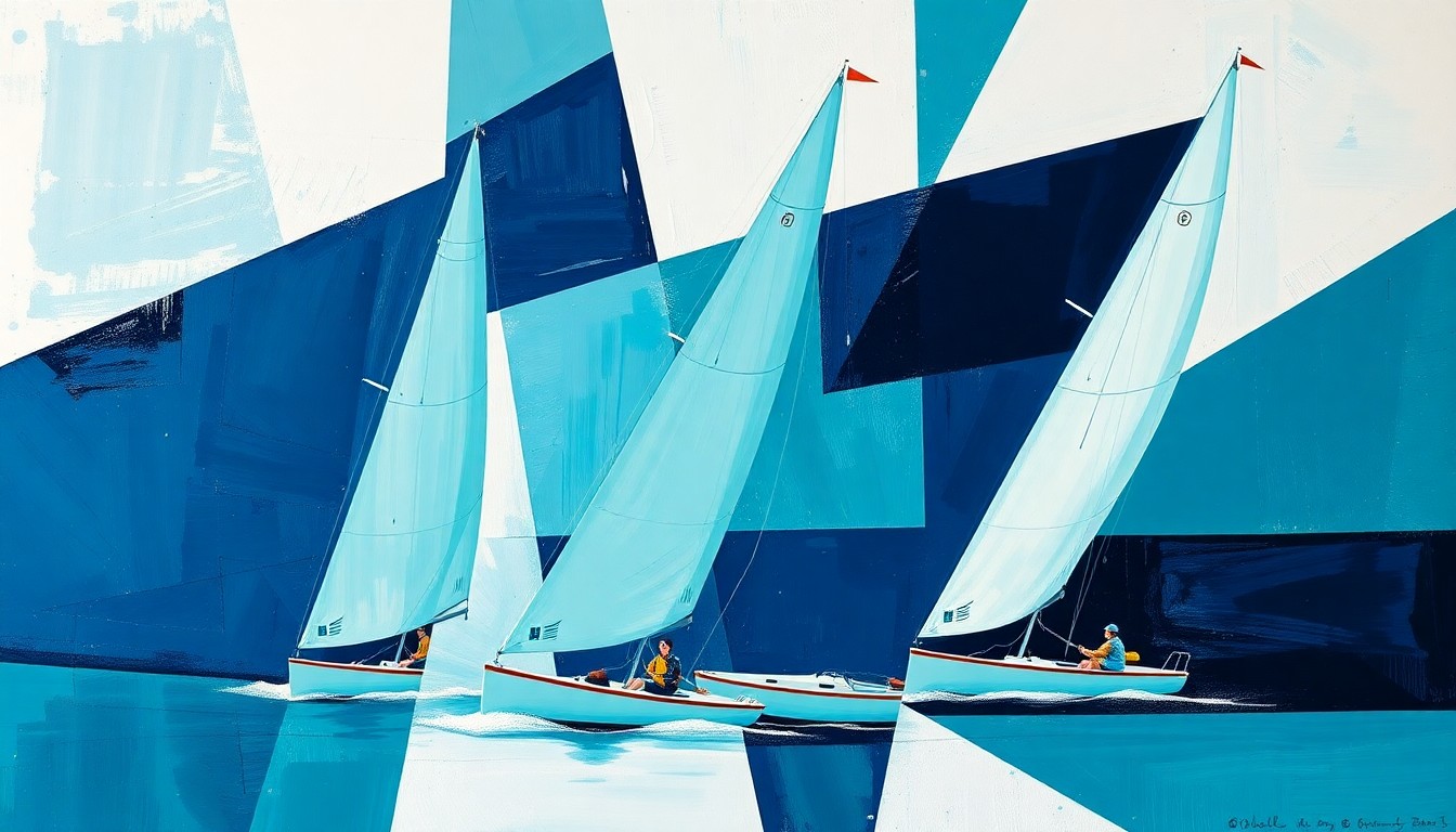 A fragmented, geometric painting in shades of teal, navy, and white, depicting the overlapping perspectives and dynamic action of a women's collegiate sailing regatta.
