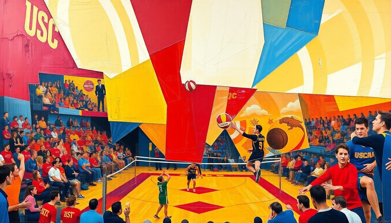 A fragmented, cubist-style painting depicting the action and energy of a volleyball match between two competing teams, with sharp geometric shapes and planes of cardinal red, gold, and royal blue colors.