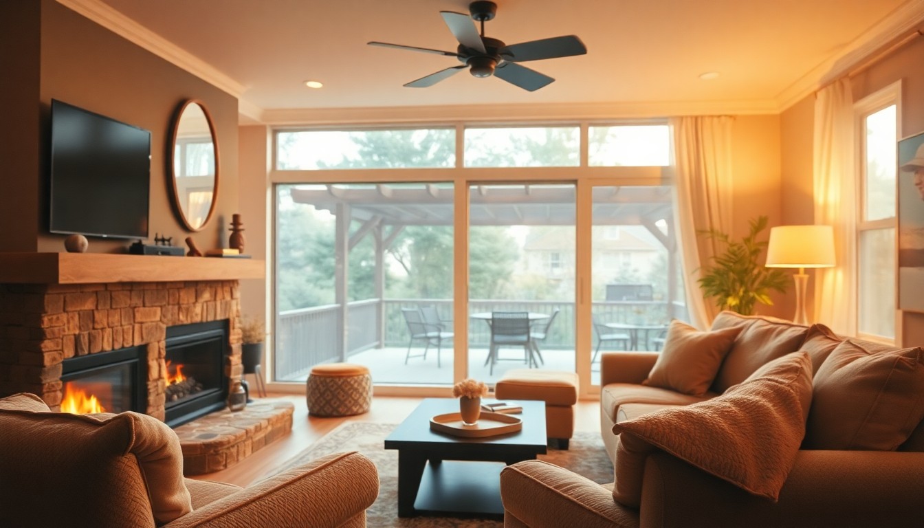 A blurred, impressionistic photograph in warm, golden tones depicting a cozy living room with a fireplace, plush furniture, and a glimpse of a covered patio, conceptually representing the inviting atmosphere and relaxed lifestyle of the home.