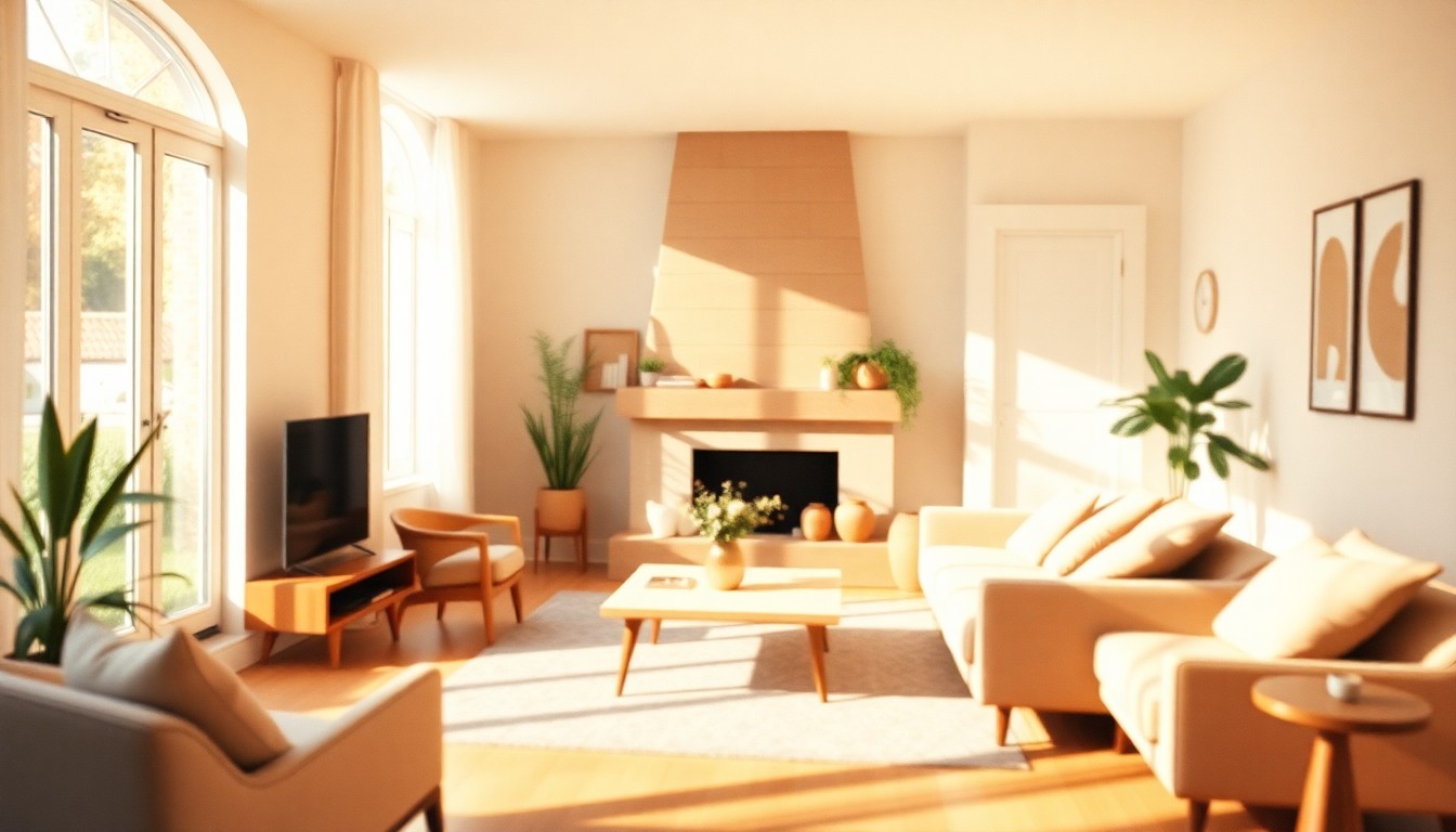 An extremely abstracted, out-of-focus photograph shot through condensation or rain-streaked glass, composed of soft pools of warm, earthy color and light, conceptually representing the serene and inviting atmosphere of a modern, private home.