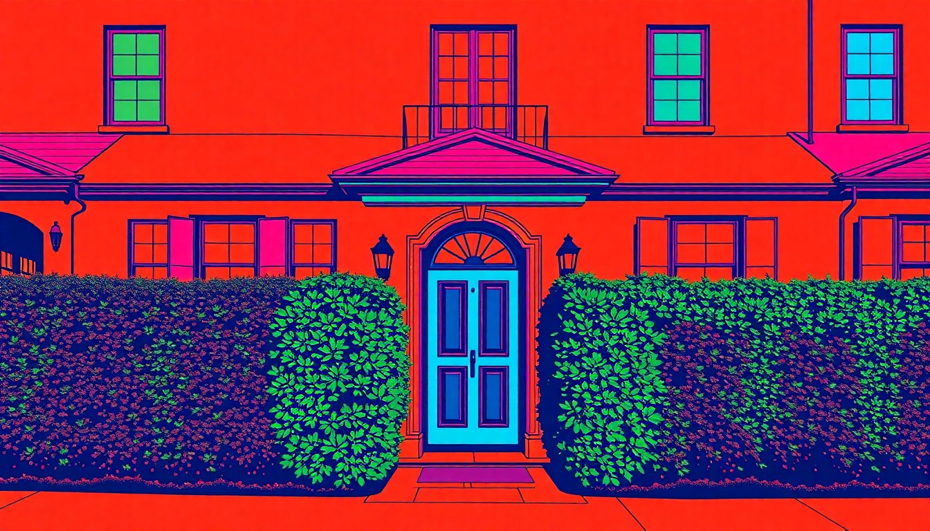 A brightly colored, high-contrast silkscreen print of a luxury home's ornate front door, repeated in a tight grid pattern with vibrant neon colors and heavy black outlines, conceptually representing the desirability of upscale properties in the Bellevue real estate market.