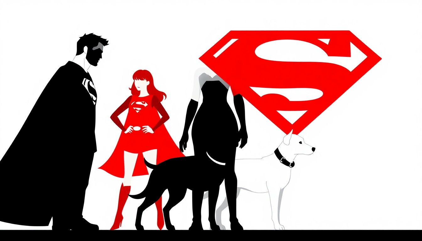 An abstract composition of bold, geometric cut-out shapes in red, white, and black, representing the iconic silhouettes of Superman, Supergirl, and Krypto the Superdog in a conceptual, minimalist style.