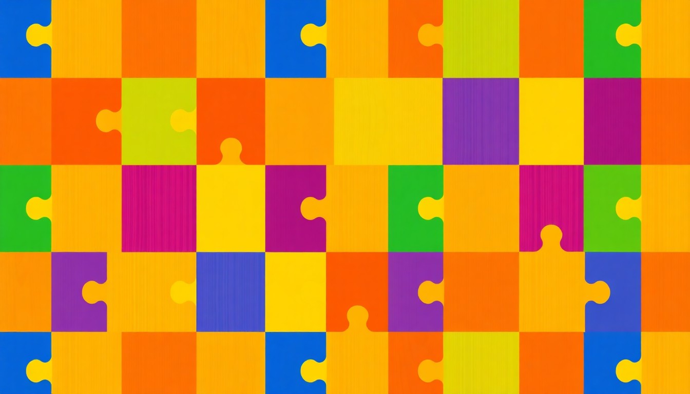 A bold, graphic silkscreen print in a grid pattern of a colorful wooden toy block or puzzle piece, representing the playful, educational focus of the new KinderCare center opening in Battle Ground.