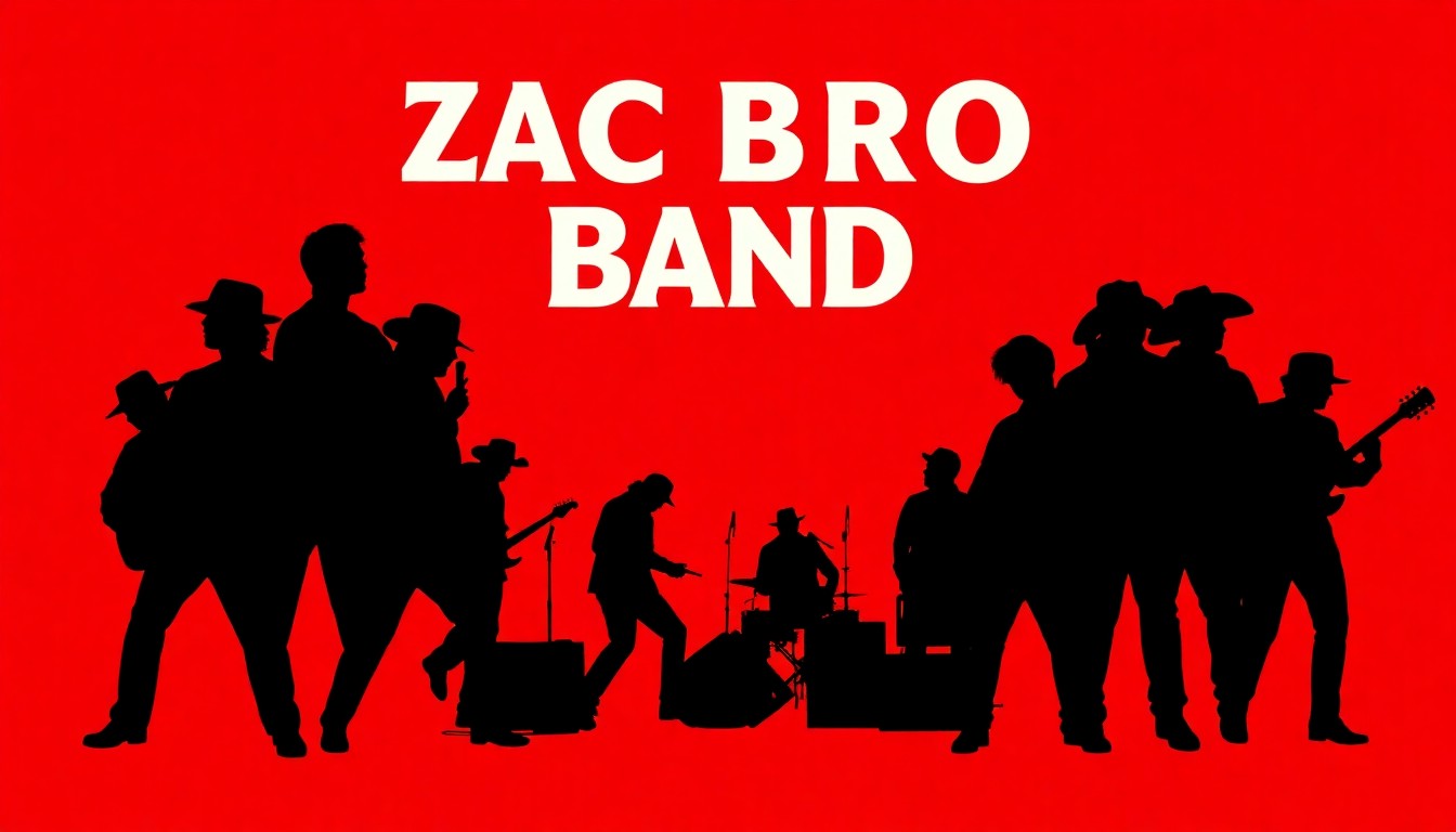 A striking abstract illustration featuring overlapping black silhouettes of musical instruments and shapes, representing the diverse genres and styles of the Zac Brown Band's music, set against a bold red background.