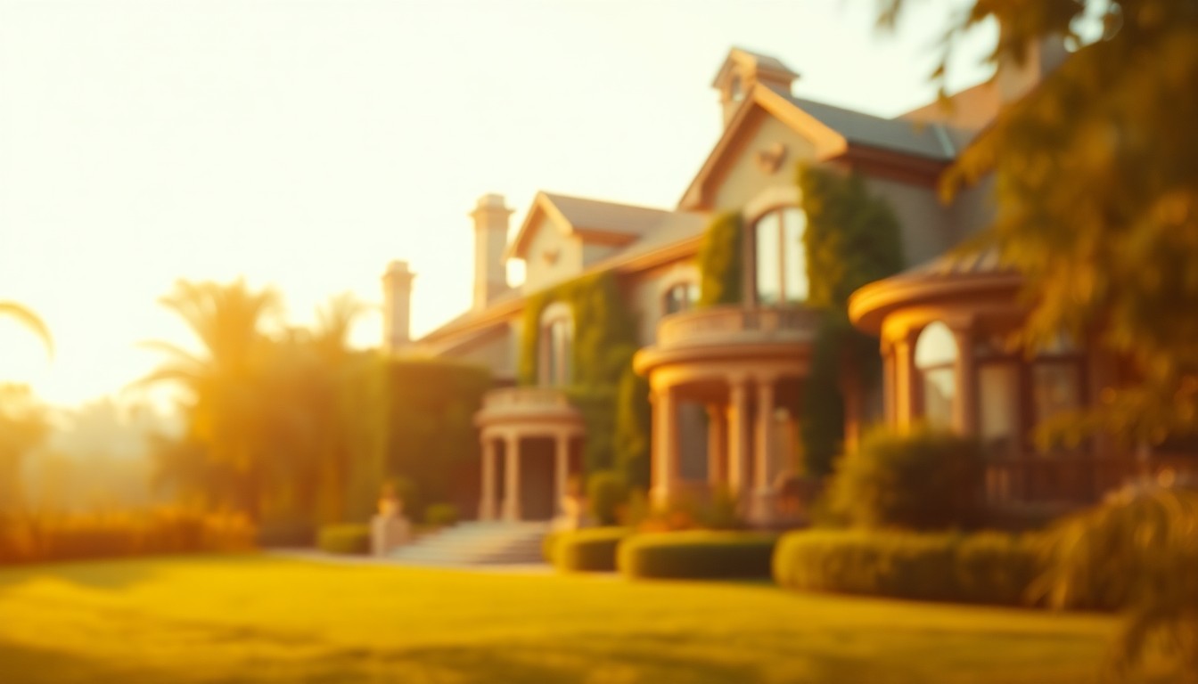 An extremely abstracted, out-of-focus photograph in warm, soft tones depicting the lush, verdant grounds of a luxurious private estate, with hints of architectural details and lifestyle elements peeking through the hazy, bokeh-filled composition.