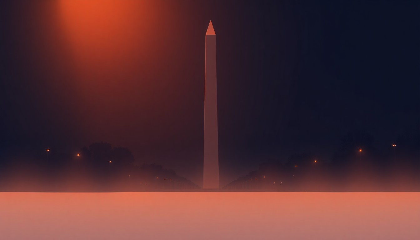 A serene, cinematic painting of the Washington Monument in warm, golden light, evoking the historical significance and celebratory atmosphere of the concurrent Emancipation Day and 250th anniversary events in Washington, D.C.