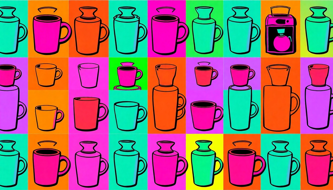 A brightly colored, high-contrast silkscreen print of a kitchen appliance or furniture item repeated in a grid, conceptually representing the modern, stylish living space of the condo.