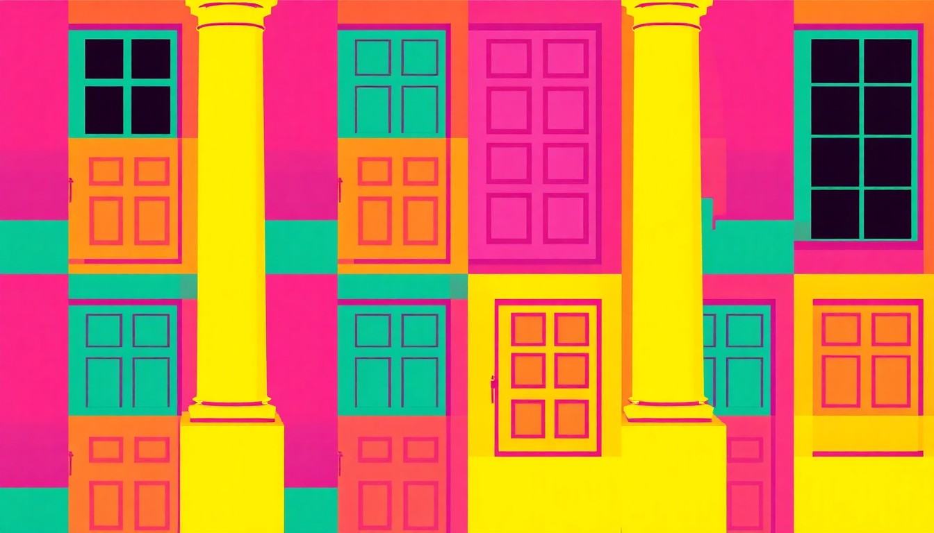 A brightly colored, high-contrast silkscreen print of a repeating front porch column in vibrant shades of blue, green, and pink, conceptually representing the blend of historic and modern elements in a renovated Memphis home.