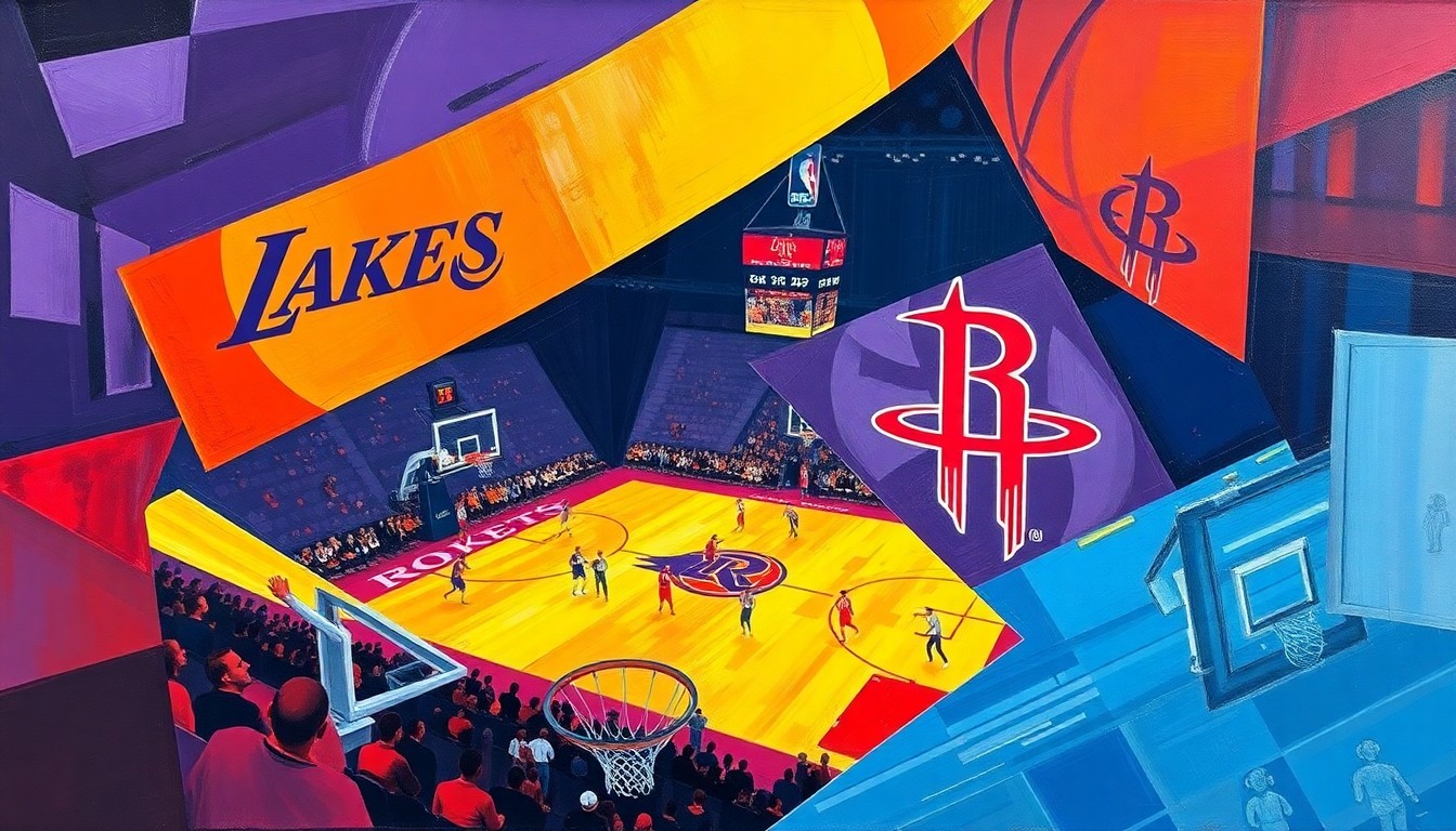 A dynamic, cubist-inspired illustration depicting the action and energy of a Lakers vs. Rockets basketball game, with the players and court rendered in a fractured, geometric style using the teams' distinct color palettes.
