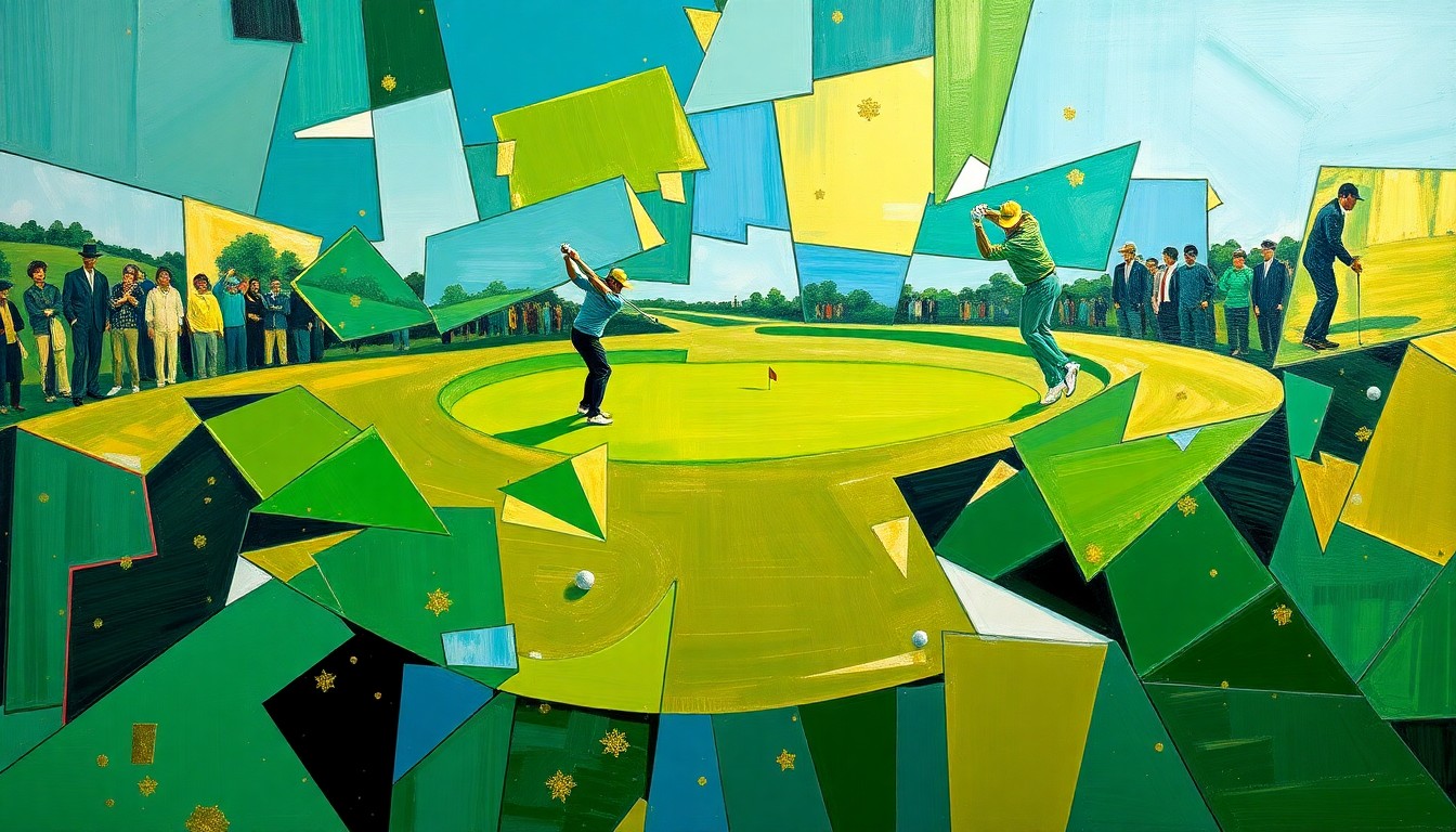 A fragmented, geometric painting depicting the various elements of Rory McIlroy's final round at the 2026 Masters, including his drives, approach shots, and putting, all rendered in a cubist style using bold, overlapping shapes and colors.